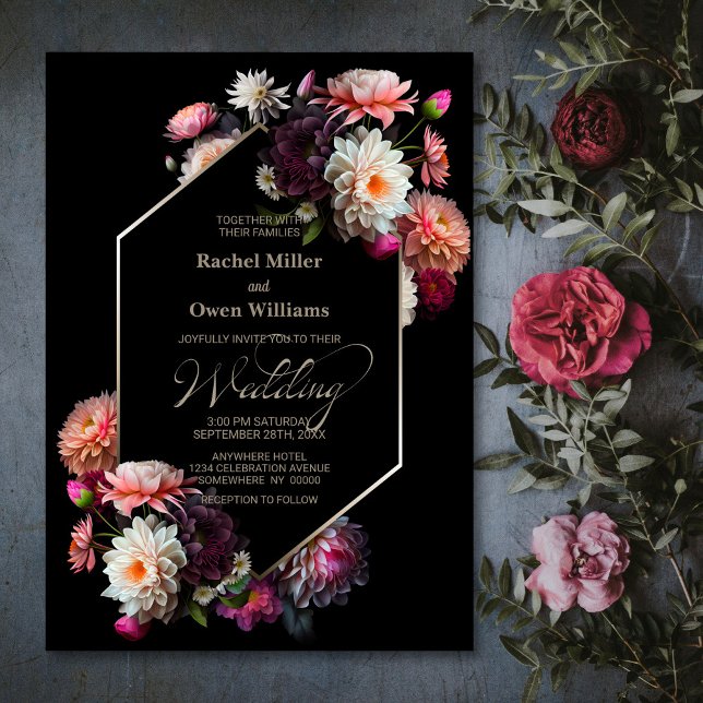 Moody Geometric Black Floral Wedding Invitation (Creator Uploaded)