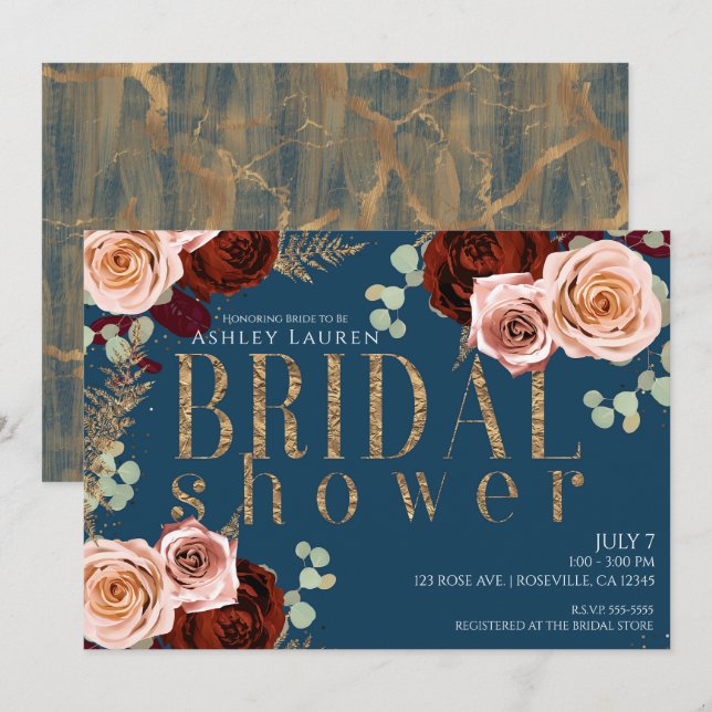 Moody Glam Blue Gold Pink Roses Bridal Shower Invitation (Front/Back)