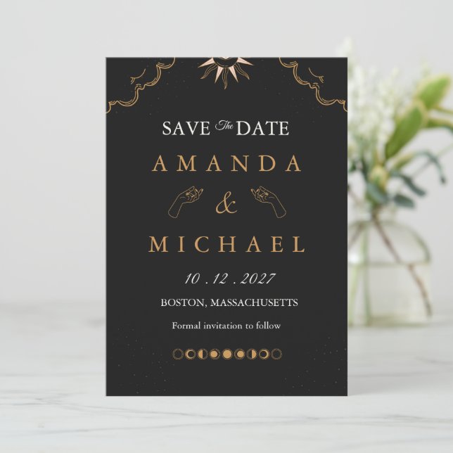 Moody Gold Celestial Starry Night save the date In Invitation (Standing Front)