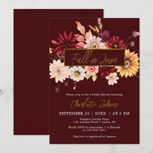 Moody Gold Fall In Love Burgundy Bridal Shower Invitation