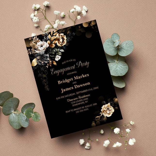Moody Gold Floral Black Engagement Party Invitation (Creator Uploaded)