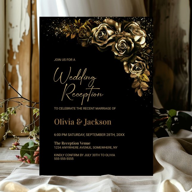 Moody Gold Floral Wedding Reception Invitation (Creator Uploaded)
