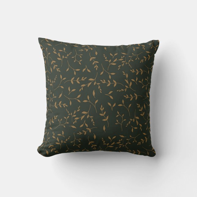 Moody Gold Leaf Forest Green Pattern Cushion (Front)