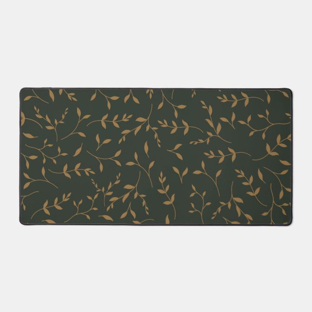 Moody Gold Leaf Forest Green Pattern Desk Mat (Front)