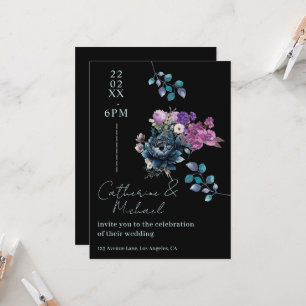 Moody Gothic Black and Midnight Blue Floral Weddin Invitation