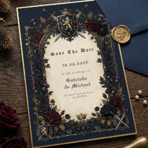 Moody Gothic Crest Navy Burgundy Gold Mediaeval Save The Date