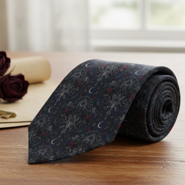 Moody Gothic Crow and Crescent Moon Damask Tie (Here's a cool gothic wedding necktie, perfect for your groom's special day.)