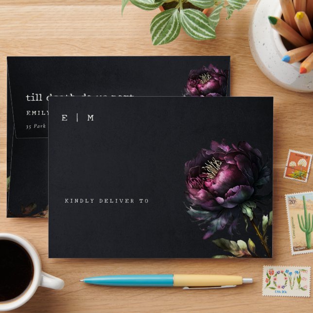 Moody Gothic Dark Purple Black Peony Wedding Envelope (Desk)