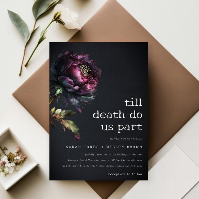 Moody Gothic Dark Purple Black Peony Wedding Invitation (Creator Uploaded)