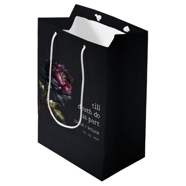 Moody Gothic Dark Purple Black Peony Wedding Medium Gift Bag (Front Angled)
