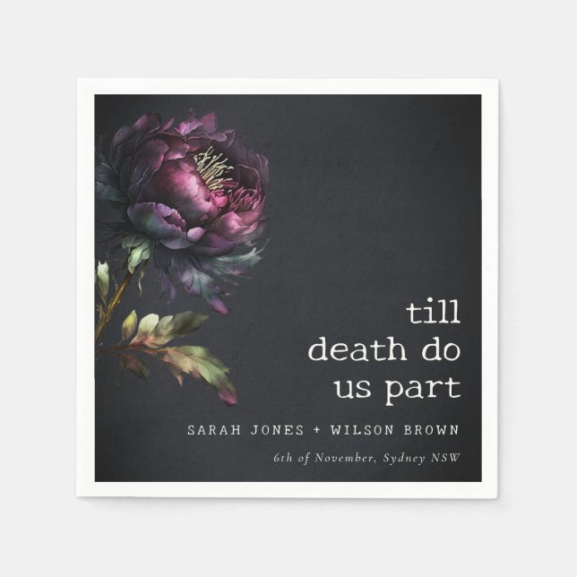 Moody Gothic Dark Purple Black Peony Wedding Napkin (Front)