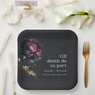 Moody Gothic Dark Purple Black Peony Wedding Paper Plate