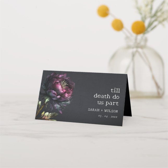 Moody Gothic Dark Purple Black Peony Wedding Place Card (Front)