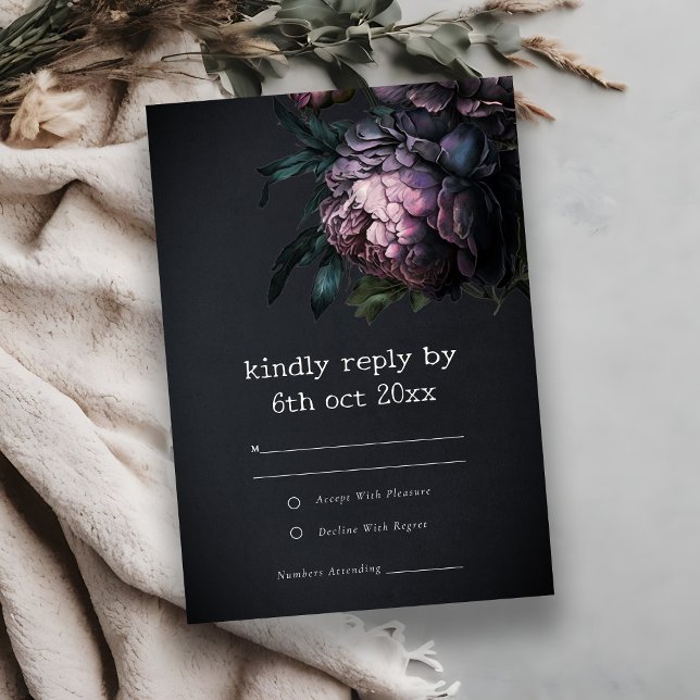Moody Gothic Dark Purple Black Peony Wedding RSVP Card (Creator Uploaded)