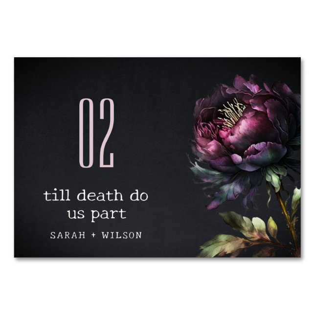 Moody Gothic Dark Purple Black Peony Wedding Table Number (Front)
