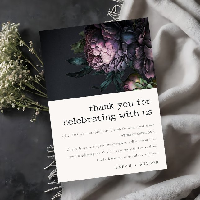 Moody Gothic Dark Purple Black Peony Wedding Thank You Card (Creator Uploaded)