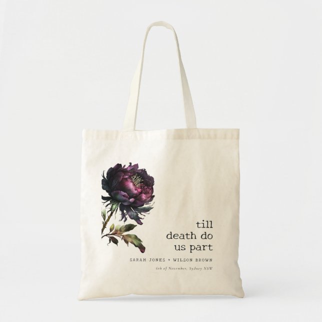 Moody Gothic Dark Purple Black Peony Wedding Tote Bag (Front)