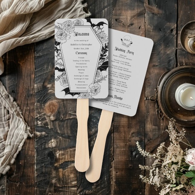 Moody Gothic Floral Coffin Grey Wedding Program Hand Fan (Creator Uploaded)