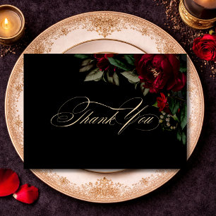 Moody Gothic Floral Dark Red Green Wedding Thank Y You Card
