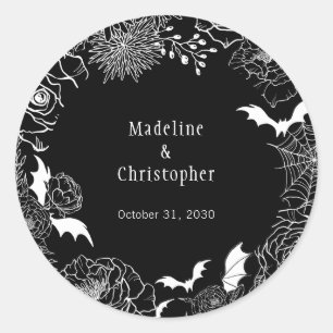 Moody Gothic Floral Wedding Black Classic Round Sticker
