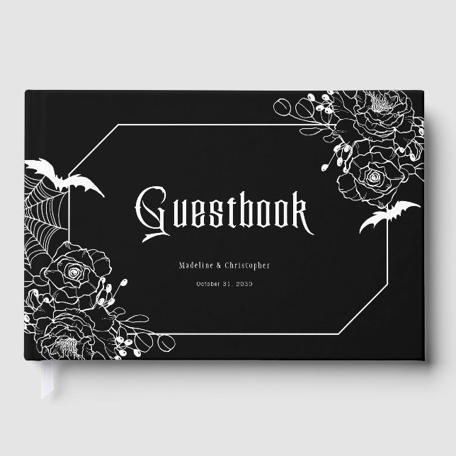 Moody Gothic Floral Wedding Black Guest Book (Front)