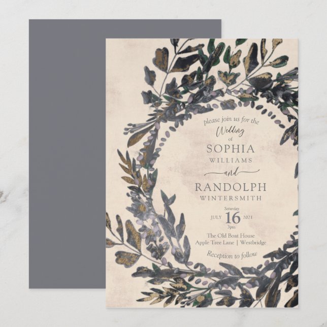 Moody Gothic Floral Wreath steel grey gold Invitation (Front/Back)