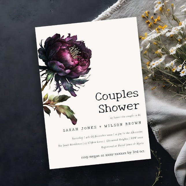 Moody Gothic Purple Black Peony Couples Shower Invitation (Creator Uploaded)