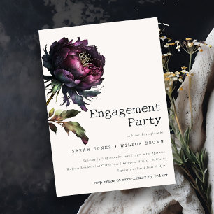 Moody Gothic Purple Black Peony Engagement Invitation