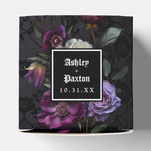 Moody Gothic Purple Floral Bouquet on Black Lace Favour Box (Top)