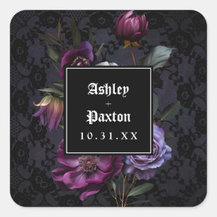Moody Gothic Purple Floral Bouquet on Black Lace Square Sticker