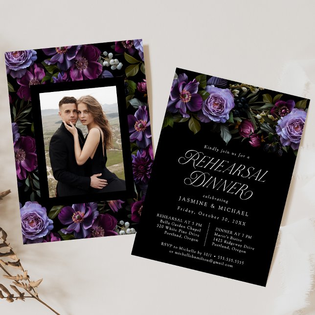 Moody Gothic Purple Floral Photo Rehearsal Dinner Invitation (Creator Uploaded)