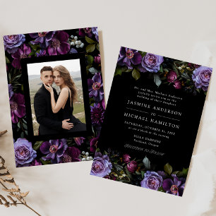 Moody Gothic Purple Floral Photo Wedding Invitation