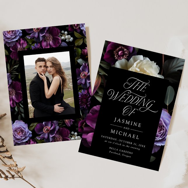 Moody Gothic Purple Floral Photo Wedding Invitation (Creator Uploaded)