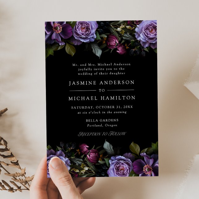 Moody Gothic Purple Floral Wedding Invitation (Creator Uploaded)
