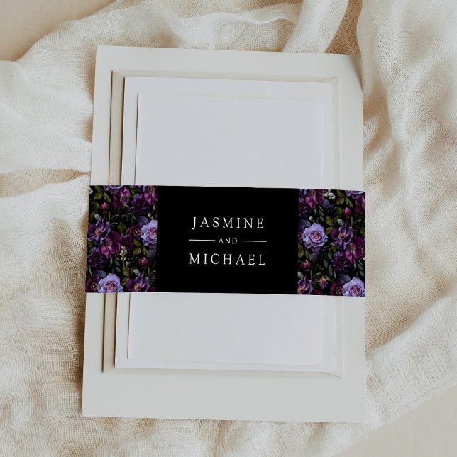 Moody Gothic Purple Floral Wedding Invitation Belly Band (Creator Uploaded)