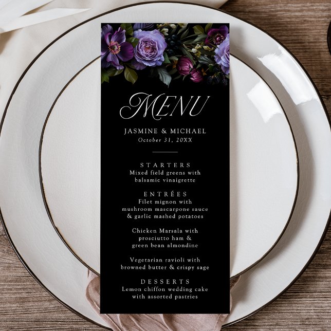 Moody Gothic Purple Floral Wedding Menu (Creator Uploaded)
