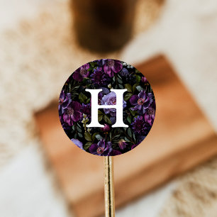 Moody Gothic Purple Floral Wedding Monogram Classic Round Sticker