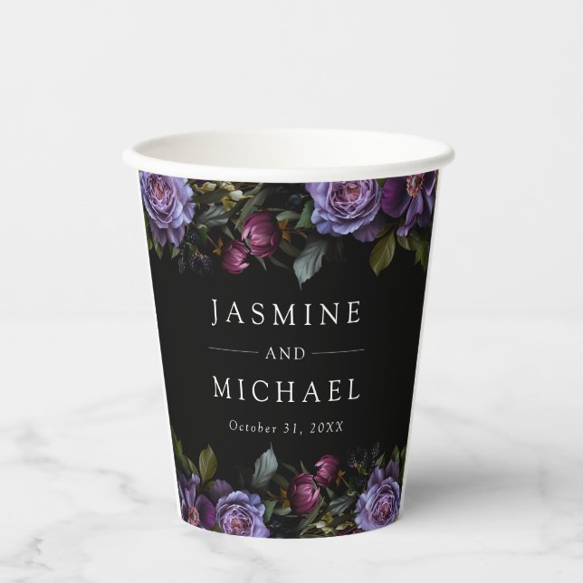 Moody Gothic Purple Floral Wedding Paper Cups (Front)