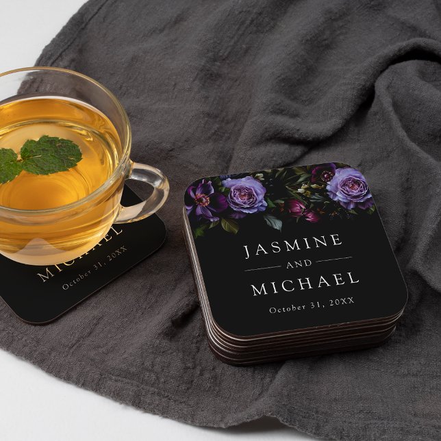 Moody Gothic Purple Floral Wedding Square Paper Coaster (Creator Uploaded)