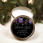 Moody Gothic Purple Floral Wedding Thank You Classic Round Sticker<br><div class="desc">Elegant, moody floral wedding thank you stickers featuring a top border of purple and burgundy flowers with lush green leaves. "Thank You" is displayed in a modern typography style. Personalise the purple floral thank you stickers with your names and wedding date in white lettering. The personalised wedding thank you stickers...</div>