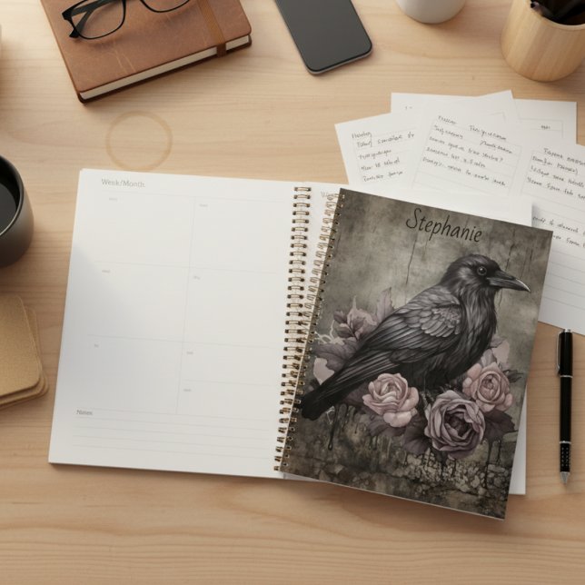 Moody Gothic Raven Dark Academia Planner (Personalized Gothic black raven with roses daily planner)