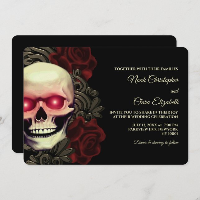 Moody Gothic Skull Floral Halloween metallic Invitation (Front/Back)