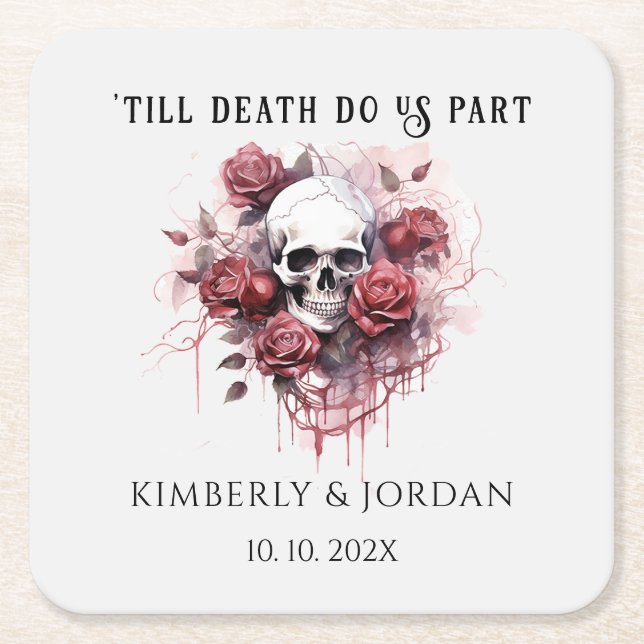 Moody Gothic Skulls 'till death do us part Wedding Square Paper Coaster (Front)