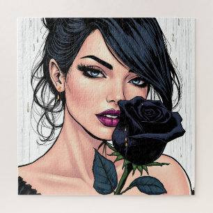 Moody Gothic Woman with Rose Dark Aesthetic Jigsaw Puzzle