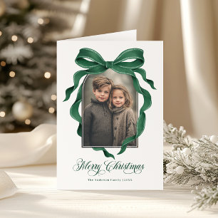 Moody Green Bow Custom Photo Christmas Holiday Card