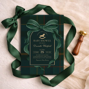 Moody Green Bow Equestrian Tartan Polo Baby Shower Invitation