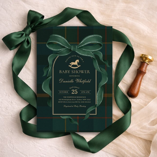 Moody Green Bow Equestrian Tartan Polo Baby Shower Invitation (Creator Uploaded)