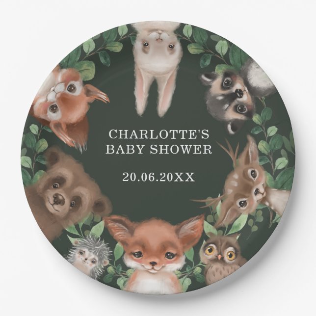 Moody Green Forest Woodland Animals Baby Shower Paper Plate (Front)