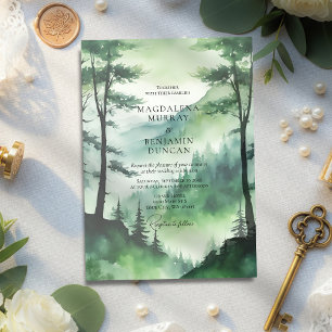 Moody Green Mountain Pine Tree Fir Forest Wedding Invitation