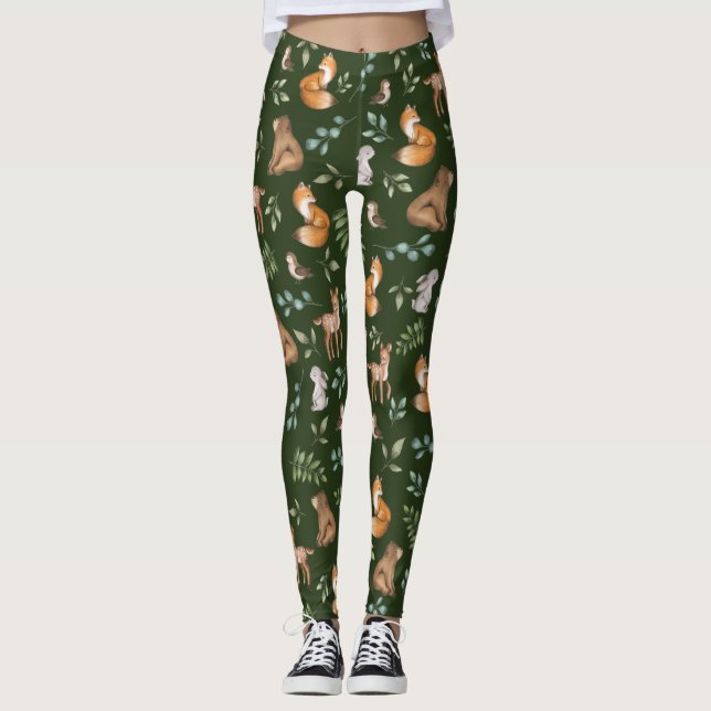 Moody Green Woodland Forest Animals Pattern Leggings (Front)
